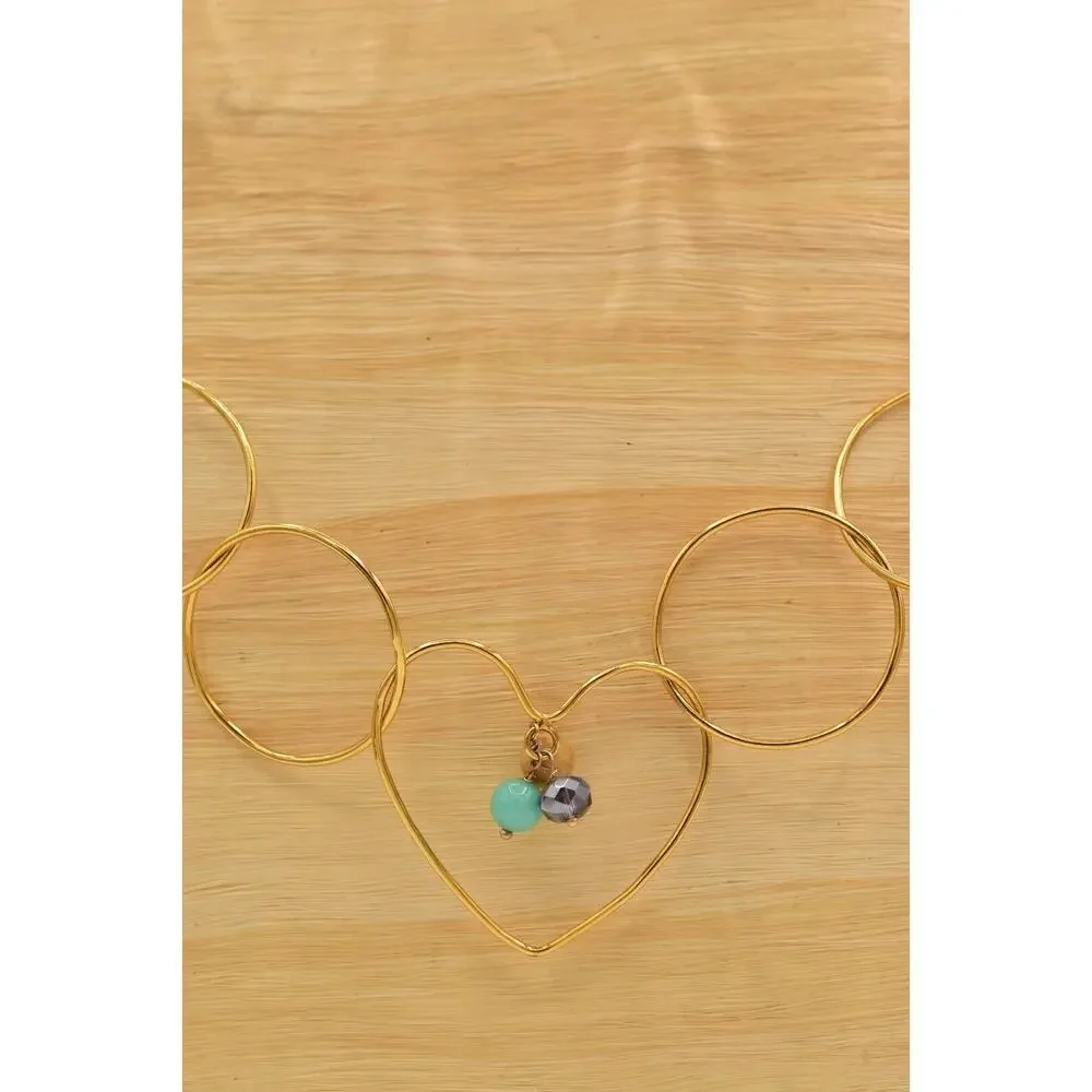 Vintage Heart Dangle Beaded Necklace Linked Gold Tone Chain Chunky 1980s BinBL